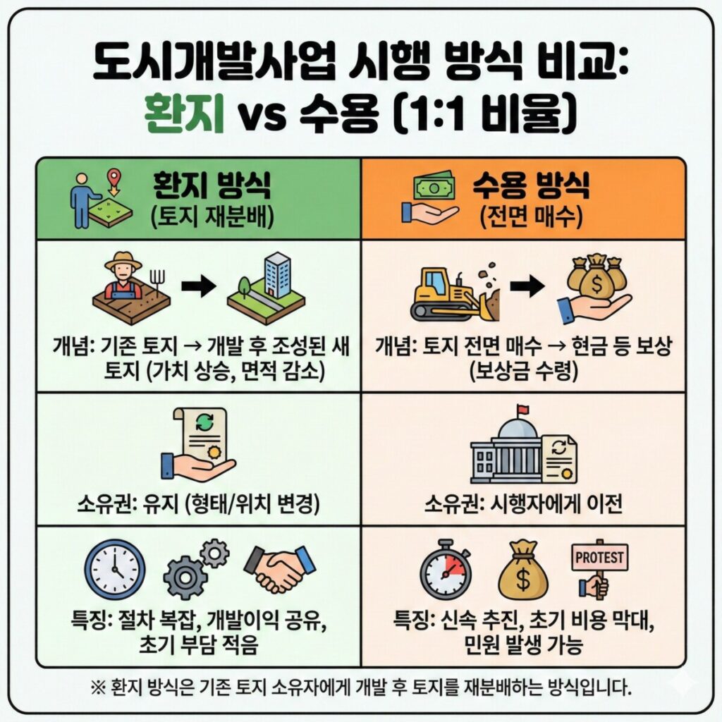 도시개발사업 환지 방식의 개념을 설명하는 비교 도표