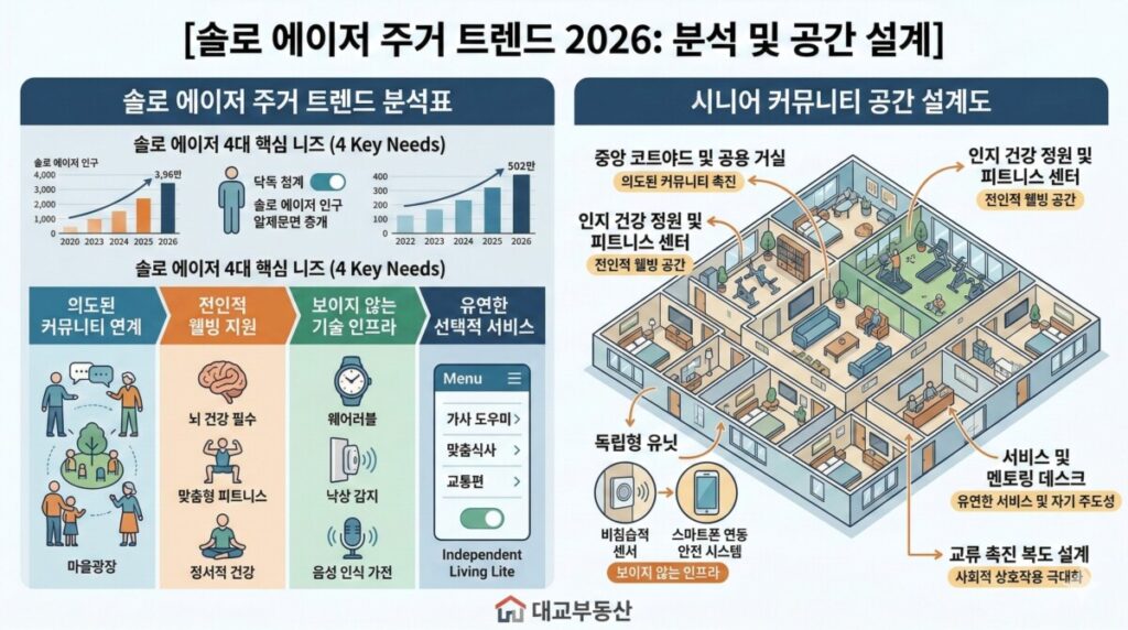 솔로 에이저 주거 트렌드 분석표와 시니어 커뮤니티 공간 설계도