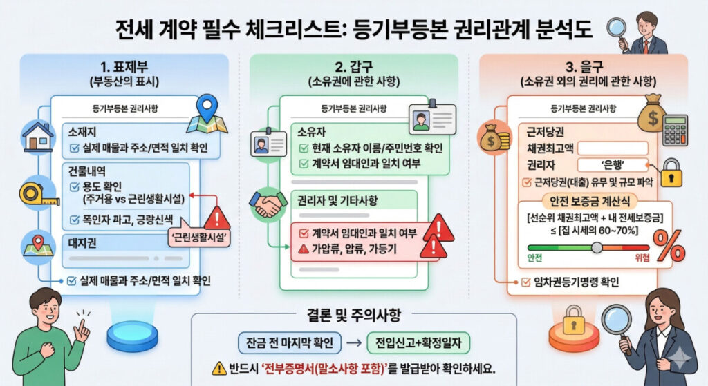 전세 계약 시 필수 체크리스트 실행을 위한 등기부등본 권리관계 분석도
