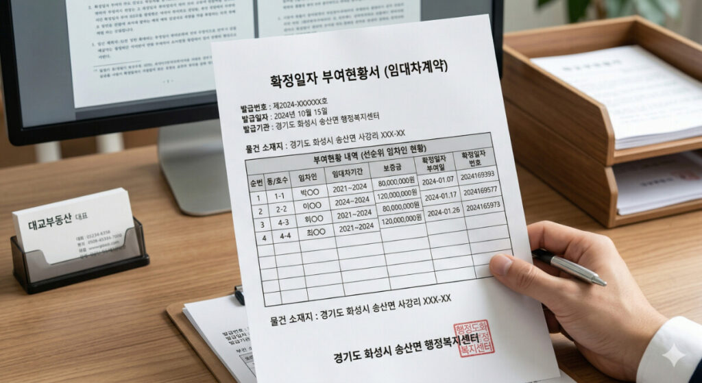 다가구주택 선순위 보증금 확인의 필수 서류인 확정일자 부여현황서 예시 자료