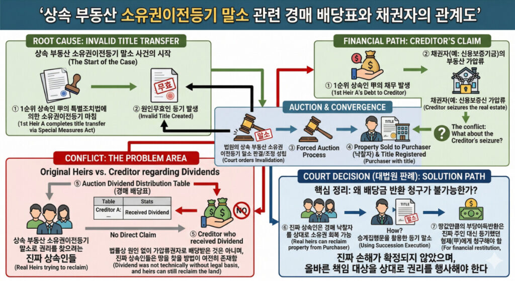 상속 부동산 소유권이전등기 말소 절차와 상속인 간의 갈등 상황을 묘사하는 이미지