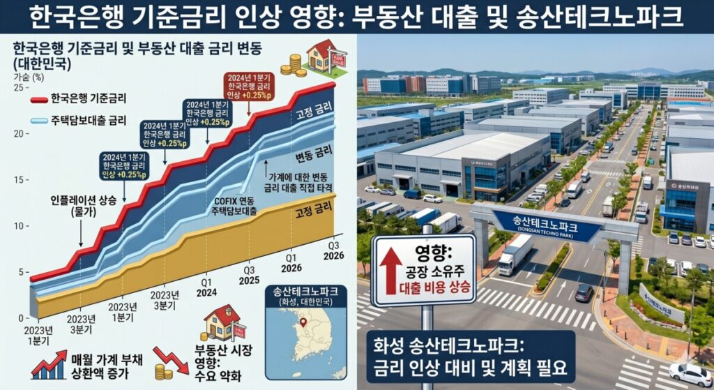 기준금리 인상 부동산 대출 영향으로 인한 금리 변동 그래프와 송산테크노파크 공장 전경