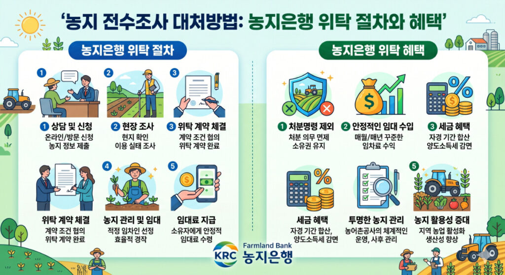 농지 전수조사 대처방법 중 하나인 농지은행 위탁 절차와 혜택을 알기 쉽게 정리한 인포그래픽.