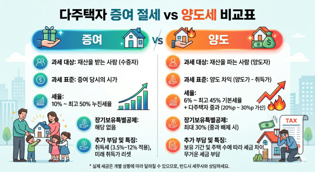 다주택자 증여 절세 vs 양도세 비교표 이미지 만들어줘