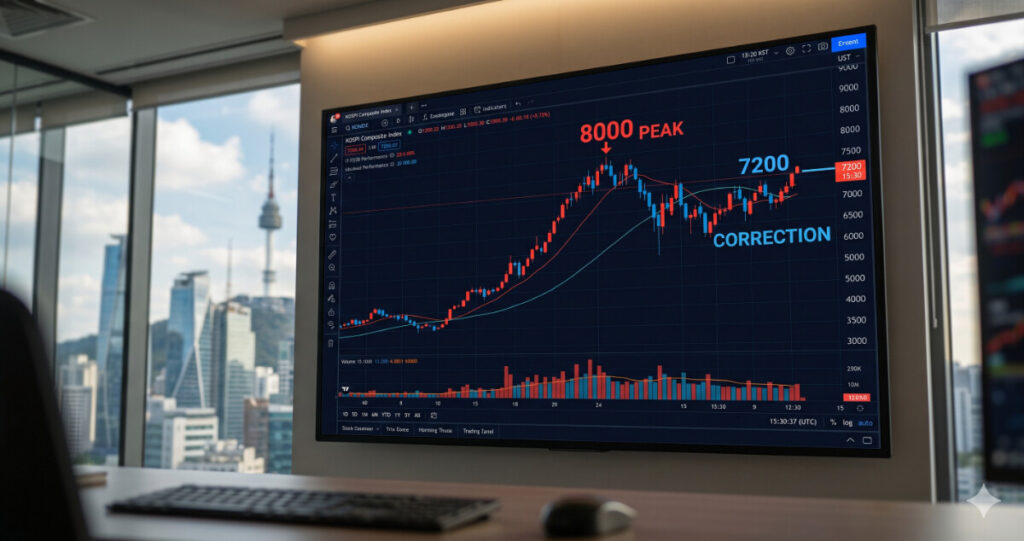 코스피 8000 돌파 후 7200 조정 주식 차트